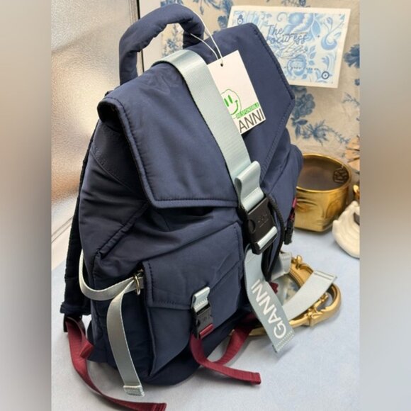 🆕 GANNI 🧿 NWT Recycled Tech Backpack, Peacoat Blue & Burgundy Straps - Picture 6 of 11